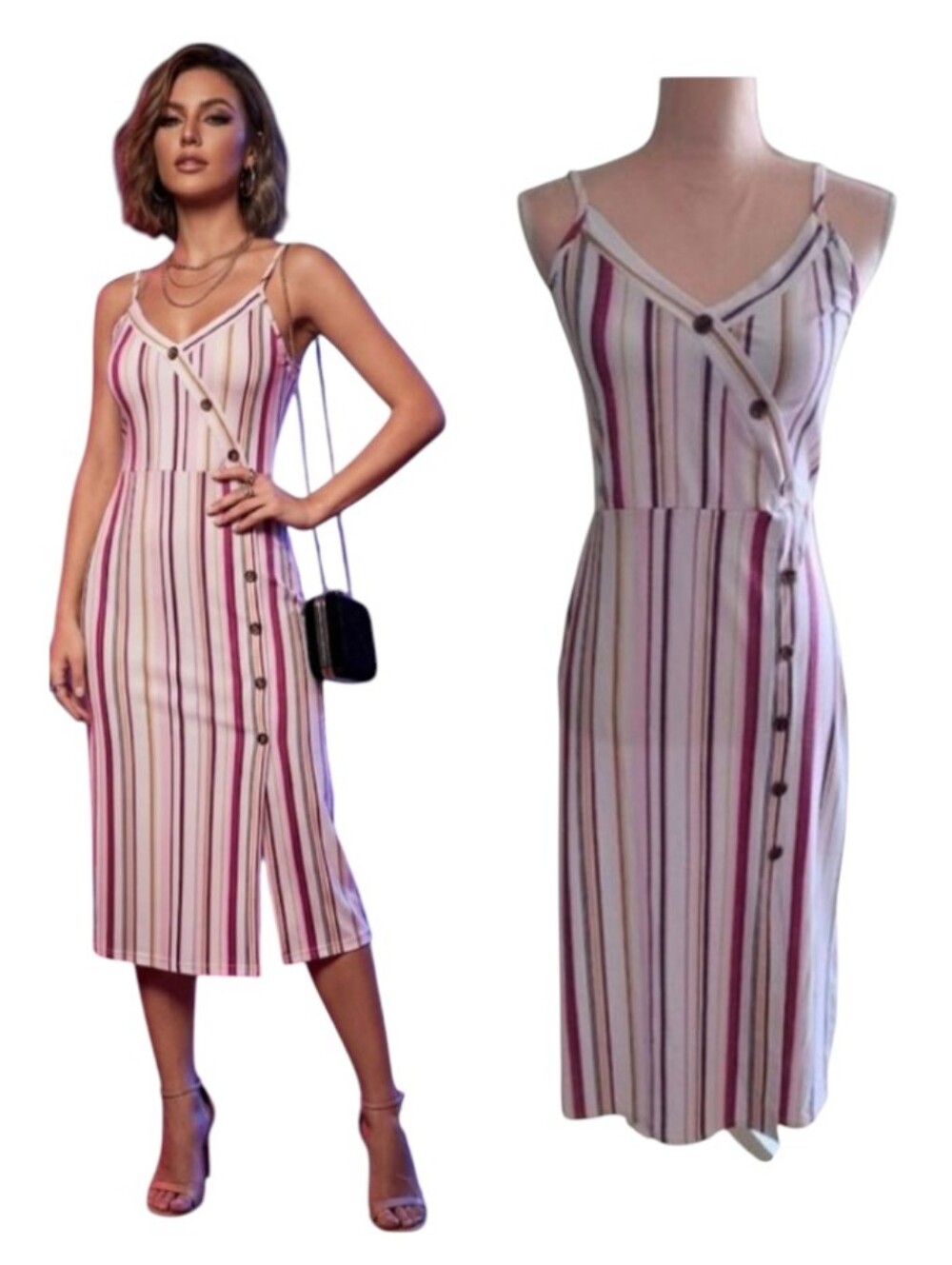 TMG White & Pink Striped Button Decal Fitted Midi Dress Large NWOT‎ Sleeveless